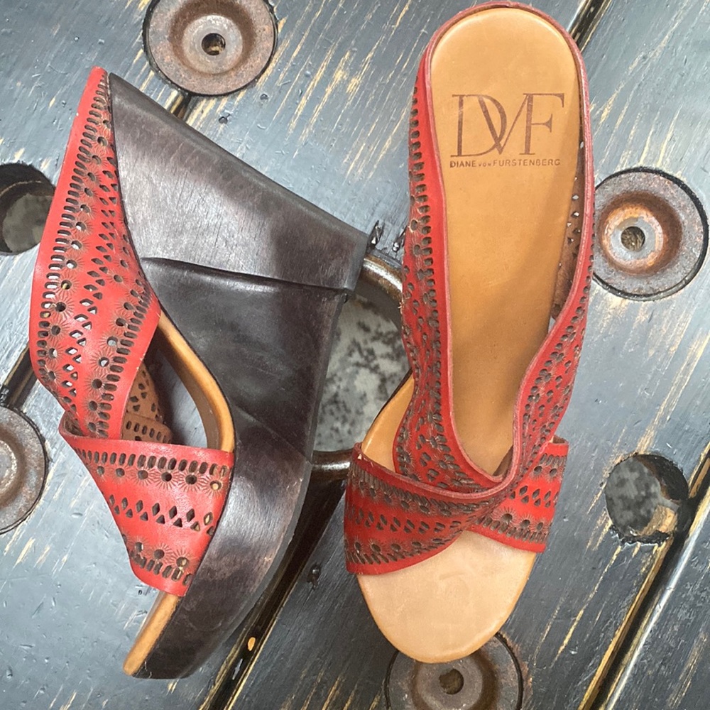 Diane Von Furstenberg Red and Brown Leather Wedge Sandals